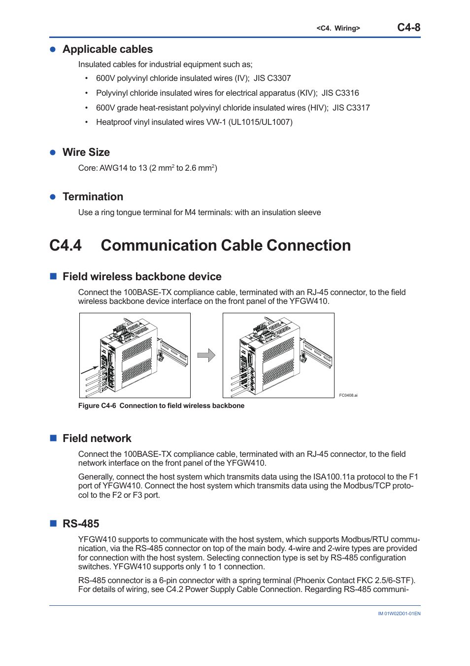 C4.4 communication cable connection, C4.4, C4-8 | Applicable cables, Wire size, Termination, Nfield wireless backbone device, Nfield network, Nrs-485 | Yokogawa YFGW410 User Manual | Page 46 / 202