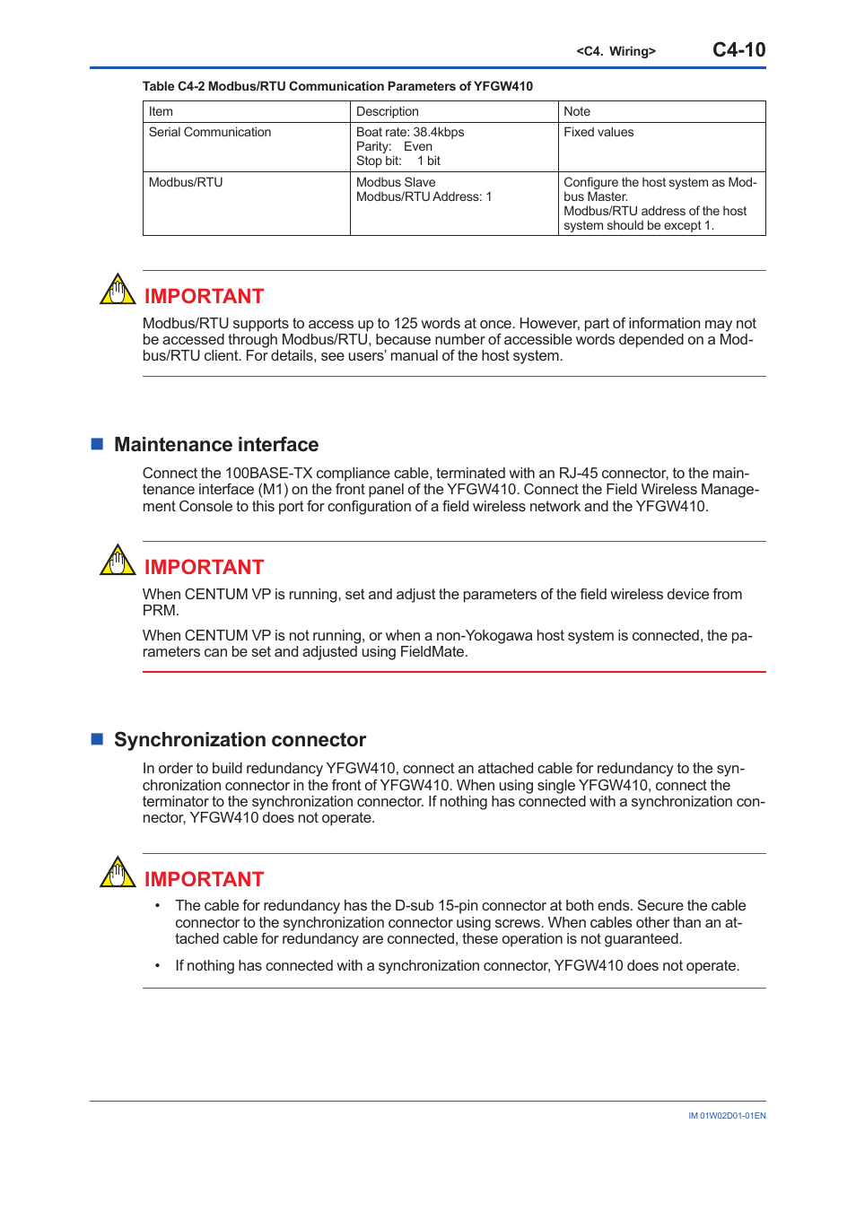 C4-10, Important, Nmaintenance interface | Nsynchronization connector | Yokogawa YFGW410 User Manual | Page 48 / 202
