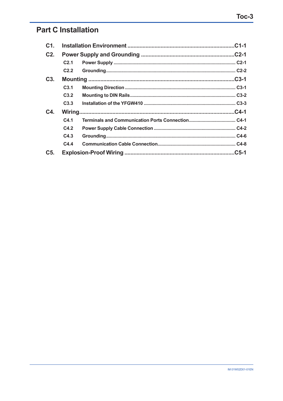 Part c installation, Toc-3 | Yokogawa YFGW410 User Manual | Page 5 / 202
