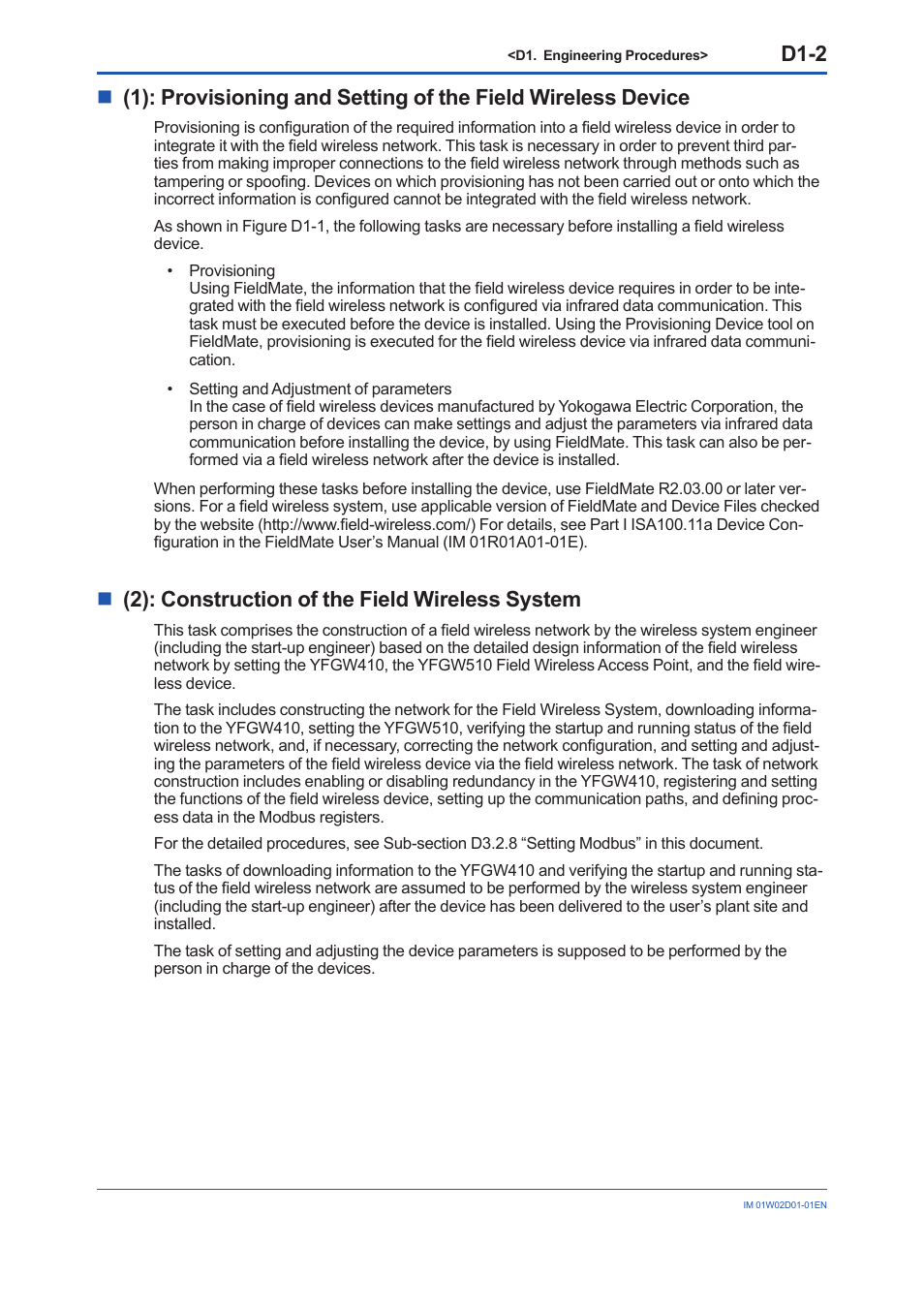 D1-2, N(2): construction of the field wireless system | Yokogawa YFGW410 User Manual | Page 51 / 202