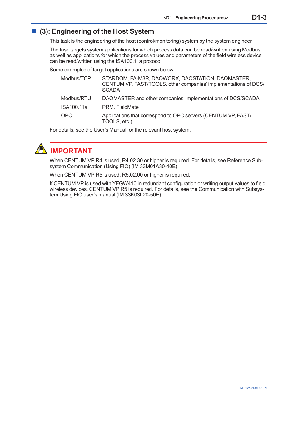 D1-3, N(3): engineering of the host system, Important | Yokogawa YFGW410 User Manual | Page 52 / 202