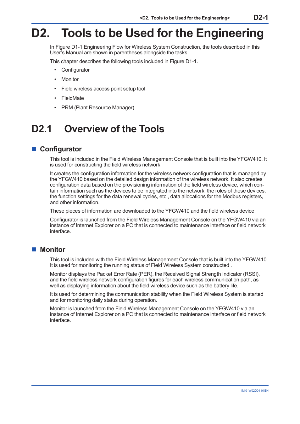 D2. tools to be used for the engineering, D2.1 overview of the tools, D2-1 | Nconfigurator, Nmonitor | Yokogawa YFGW410 User Manual | Page 53 / 202