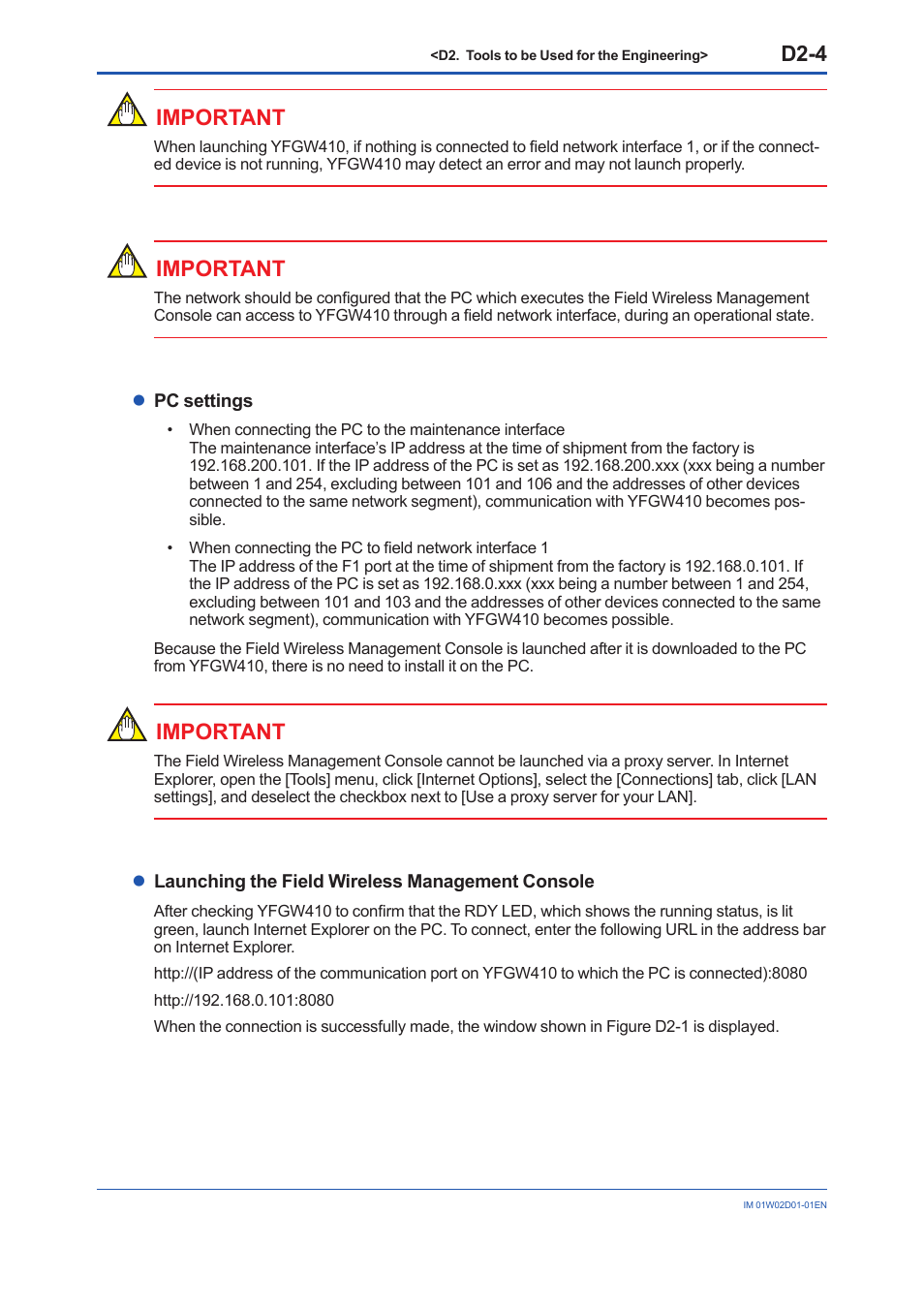 D2-4, Important | Yokogawa YFGW410 User Manual | Page 56 / 202