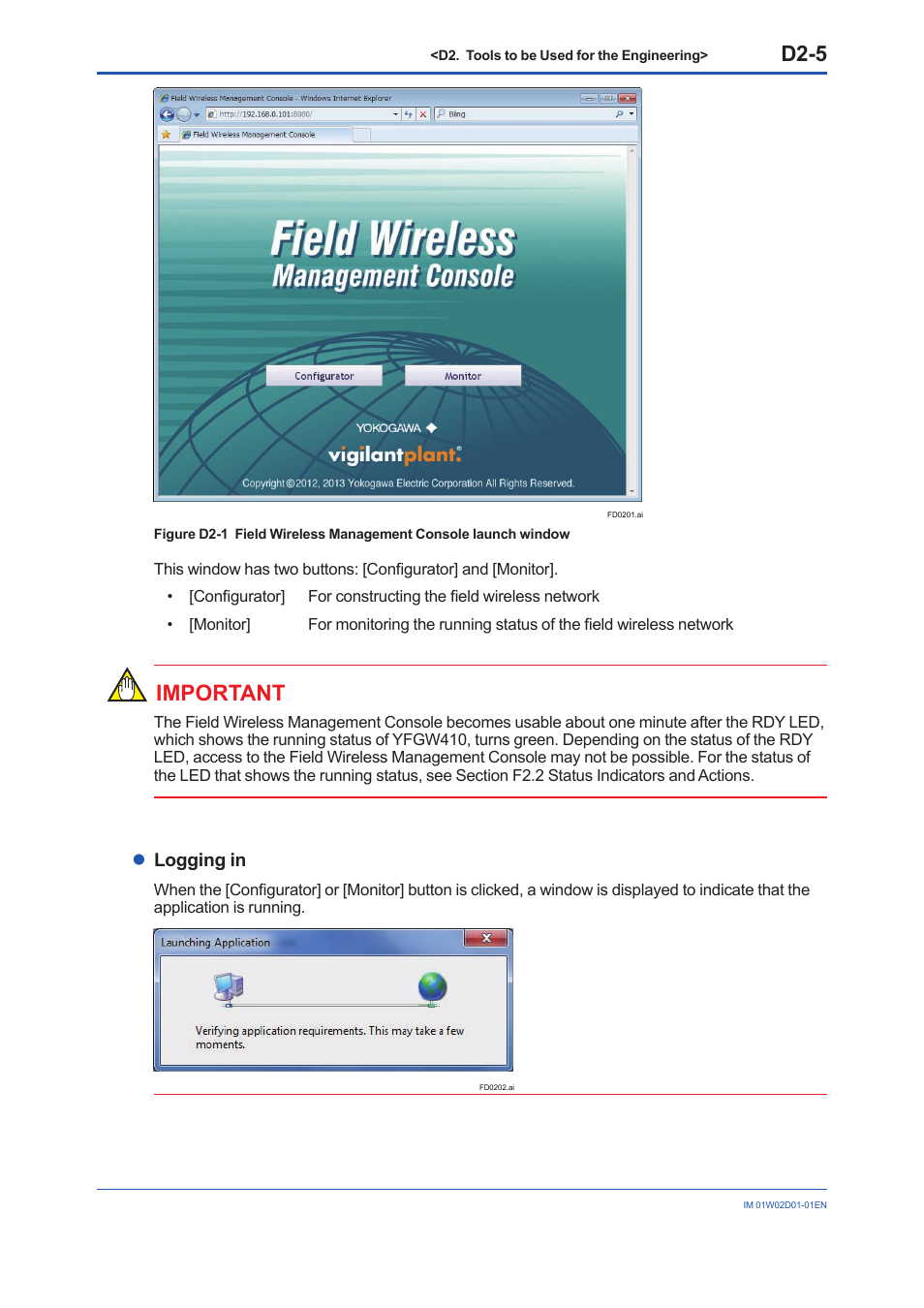 D2-5, Important, Llogging in | Yokogawa YFGW410 User Manual | Page 57 / 202