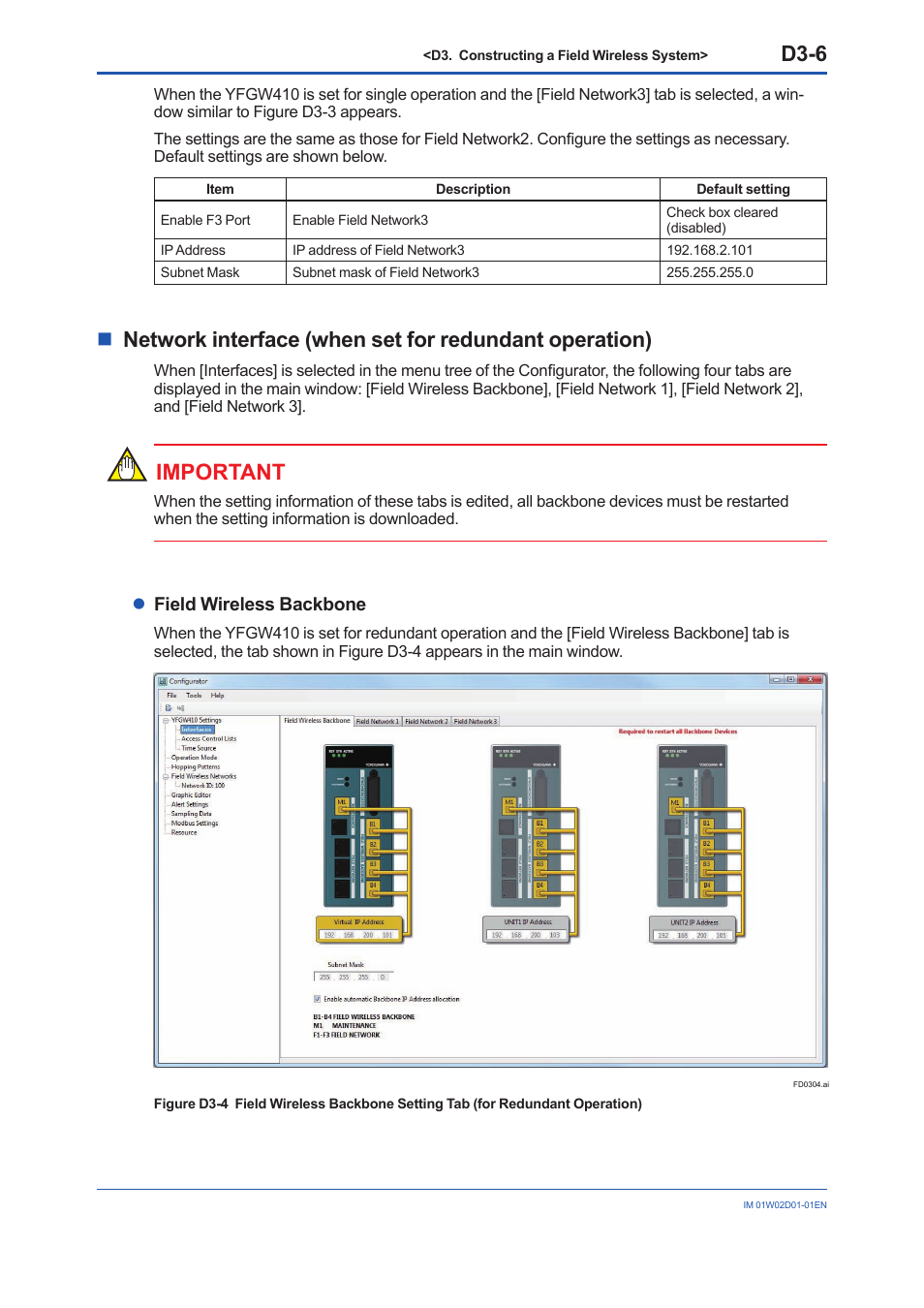 D3-6, Important, Lfield wireless backbone | Yokogawa YFGW410 User Manual | Page 67 / 202