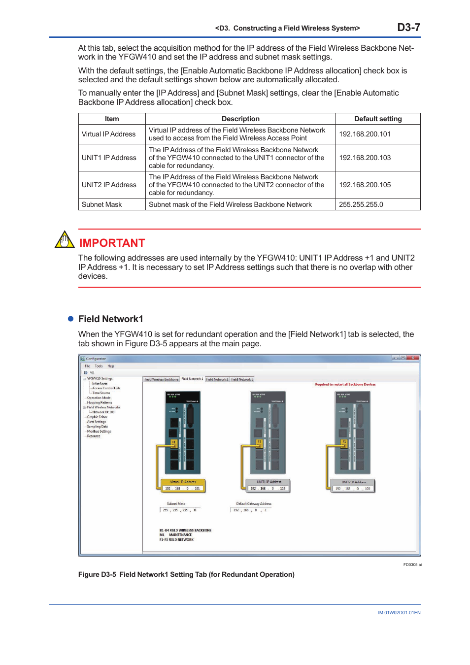 D3-7, Important, Lfield network1 | Yokogawa YFGW410 User Manual | Page 68 / 202