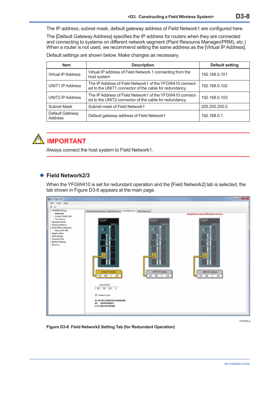 D3-8, Important, Lfield network2/3 | Yokogawa YFGW410 User Manual | Page 69 / 202