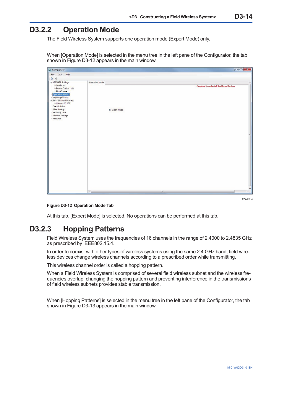 D3.2.2 operation mode, D3.2.3 hopping patterns, D3.2.2 | D3.2.3, D3-14 | Yokogawa YFGW410 User Manual | Page 75 / 202