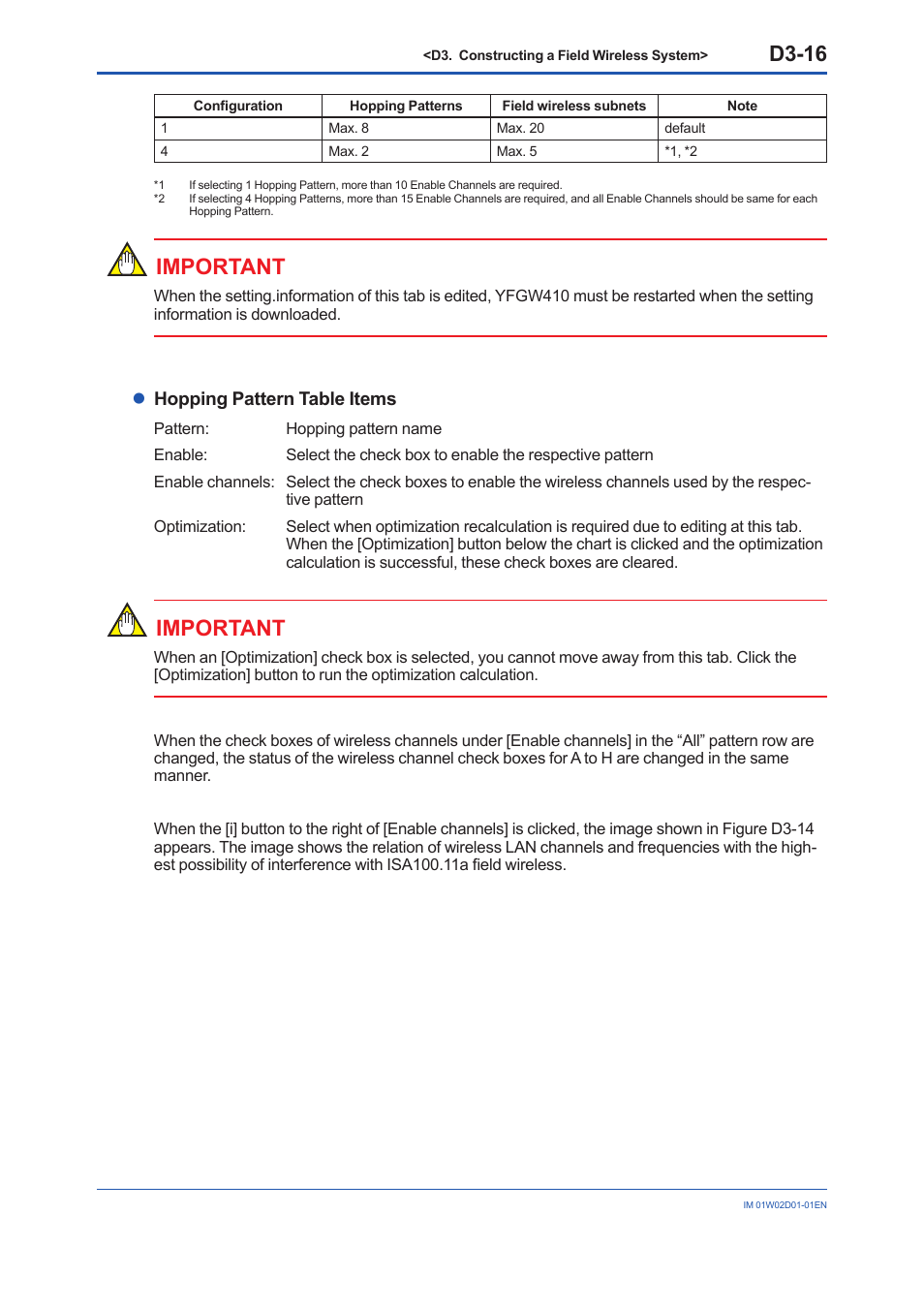D3-16, Important, Lhopping pattern table items | Yokogawa YFGW410 User Manual | Page 77 / 202