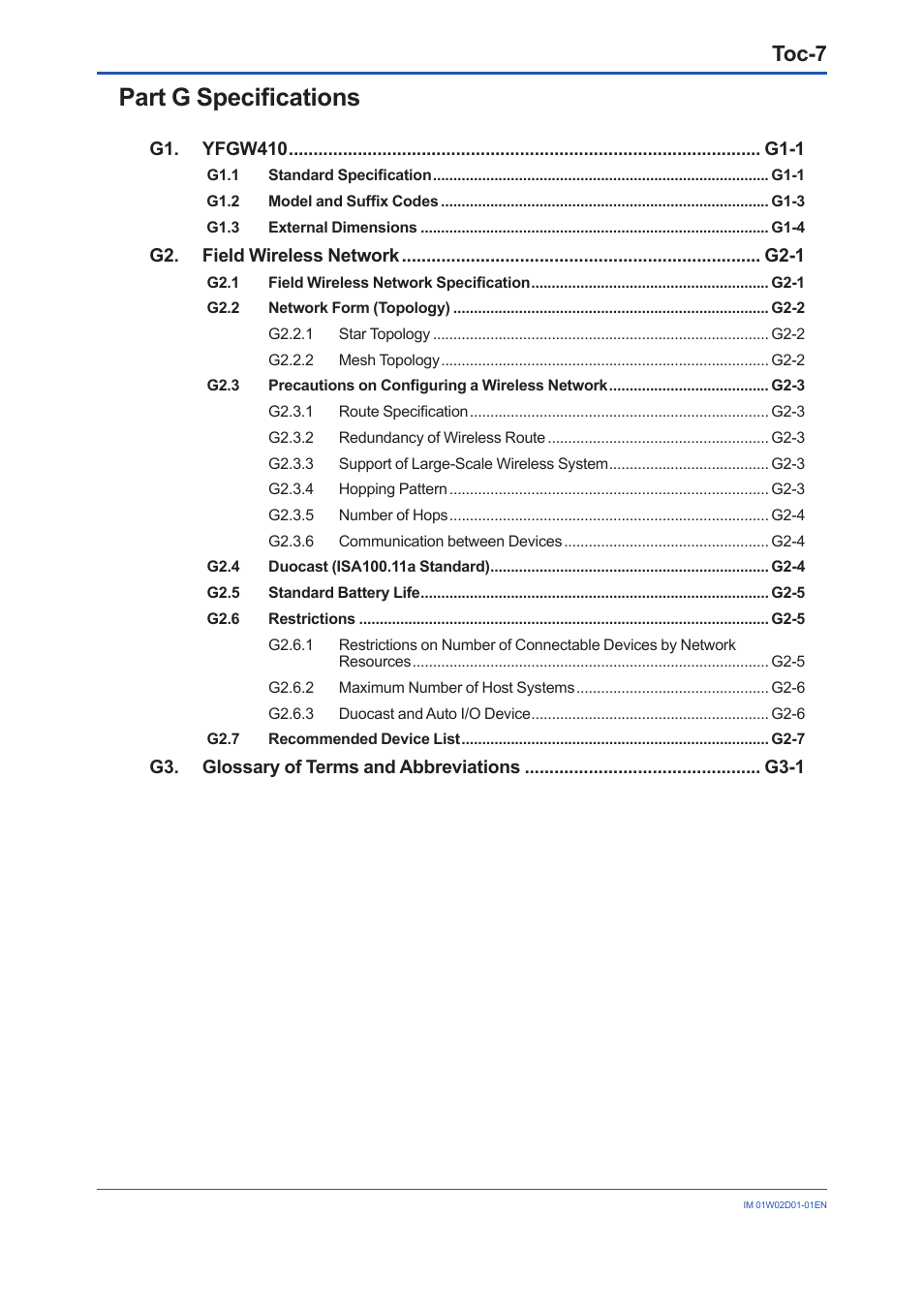 Part g specifications, Toc-7 | Yokogawa YFGW410 User Manual | Page 9 / 202