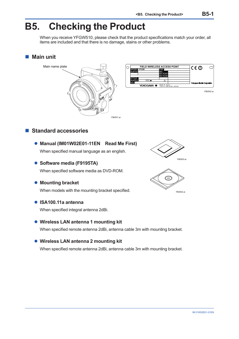 B5. checking the product, B5-1, Nmain unit | Nstandard accessories, Lsoftware media (f9195ta), Lmounting bracket, Lwireless lan antenna 1 mounting kit, Lwireless lan antenna 2 mounting kit | Yokogawa YFGW510 User Manual | Page 24 / 89