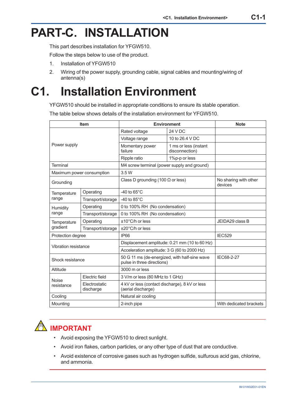 Part-c. installation, C1. installation environment, C1-1 | Important | Yokogawa YFGW510 User Manual | Page 25 / 89