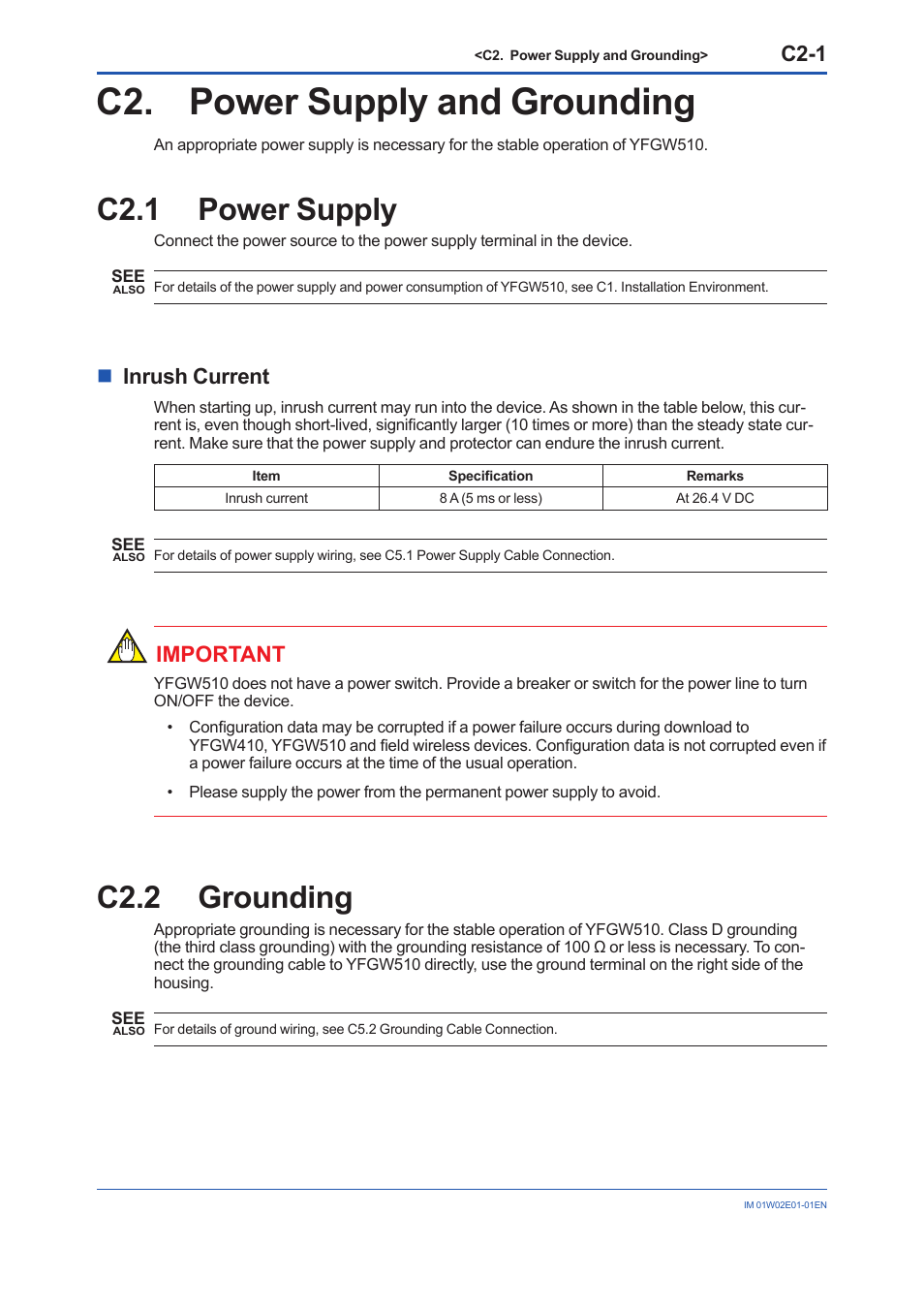 C2. power supply and grounding, C2.1 power supply, C2.2 grounding | C2.1, C2.2, C2-1, Ninrush current, Important | Yokogawa YFGW510 User Manual | Page 27 / 89