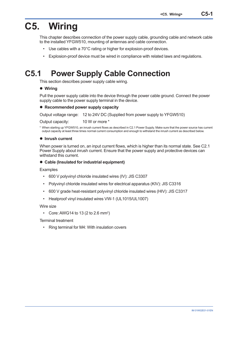 C5. wiring, C5.1 power supply cable connection, C5.1 | C5-1 | Yokogawa YFGW510 User Manual | Page 33 / 89