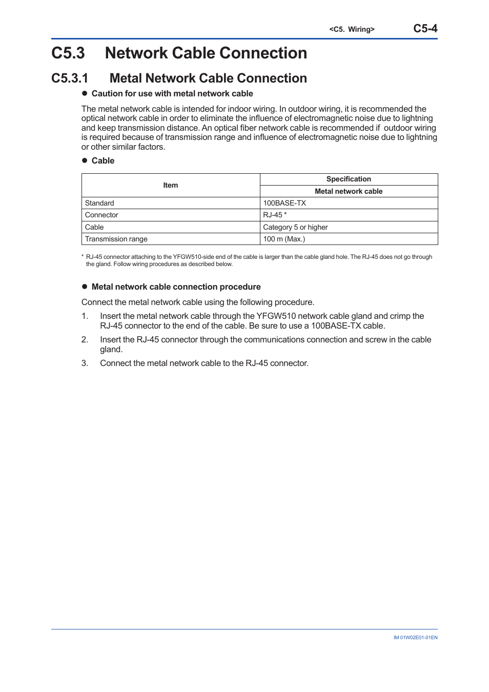 C5.3 network cable connection, C5.3.1 metal network cable connection, C5.3 | C5-4 | Yokogawa YFGW510 User Manual | Page 36 / 89