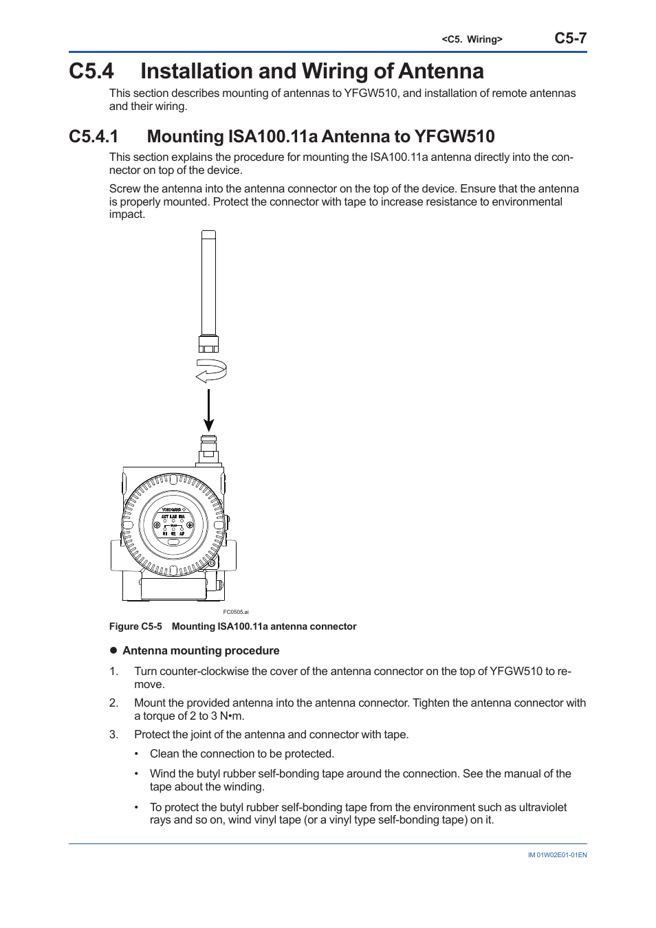C5.4 installation and wiring of antenna, C5.4.1 mounting isa100.11a antenna to yfgw510, C5.4 | C5-7 | Yokogawa YFGW510 User Manual | Page 39 / 89