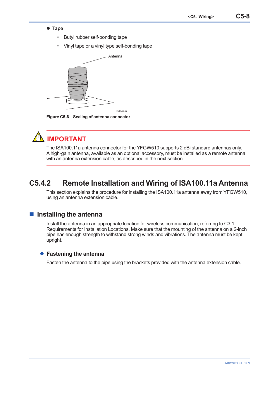 C5.4.2, C5-8, Important | Ninstalling the antenna | Yokogawa YFGW510 User Manual | Page 40 / 89