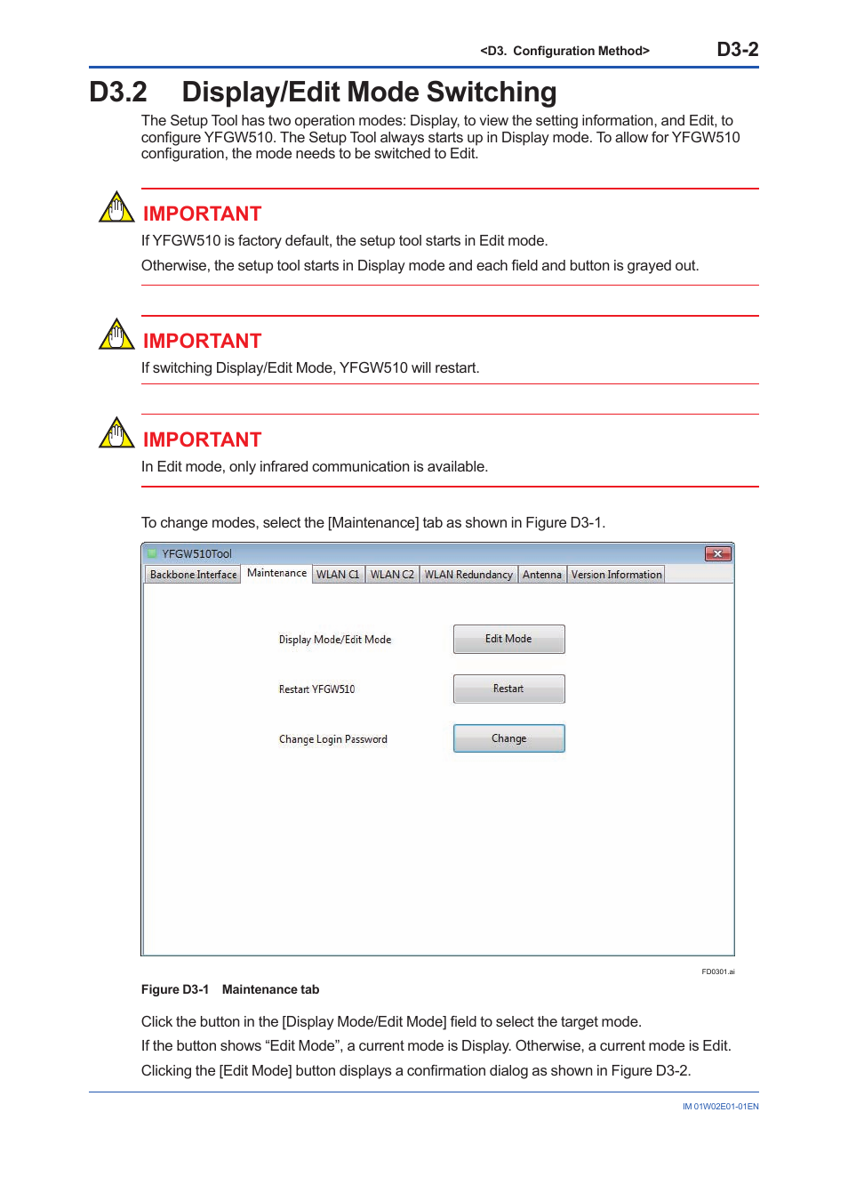 D3.2 display/edit mode switching, D3.2, D3-2 | Important | Yokogawa YFGW510 User Manual | Page 60 / 89