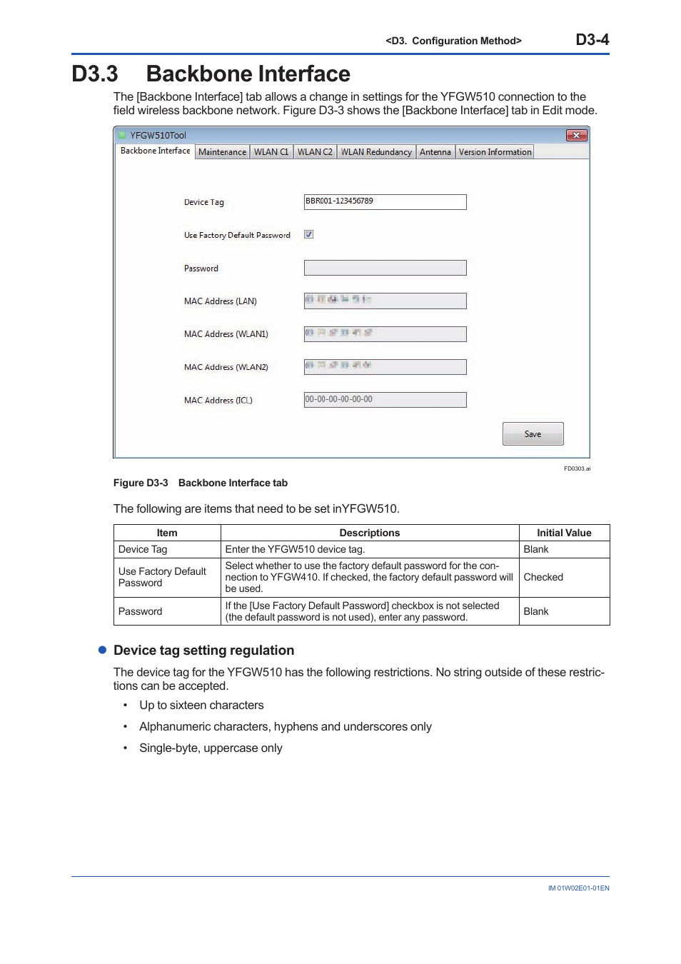 D3.3 backbone interface, D3.3, D3-4 | Ldevice tag setting regulation | Yokogawa YFGW510 User Manual | Page 62 / 89