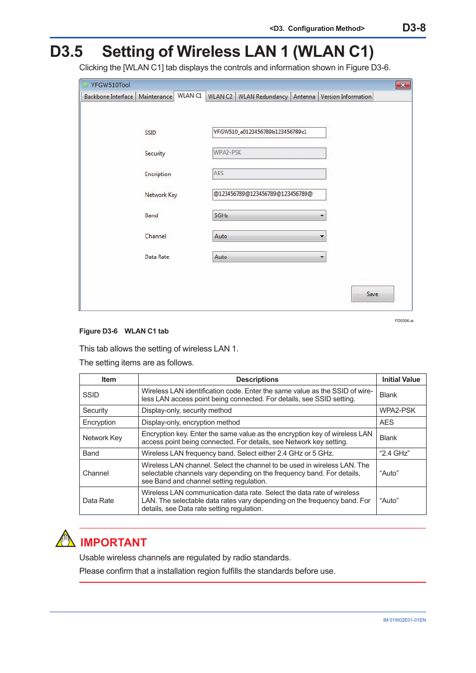 D3.5 setting of wireless lan 1 (wlan c1), D3.5, D3-8 | Important | Yokogawa YFGW510 User Manual | Page 66 / 89