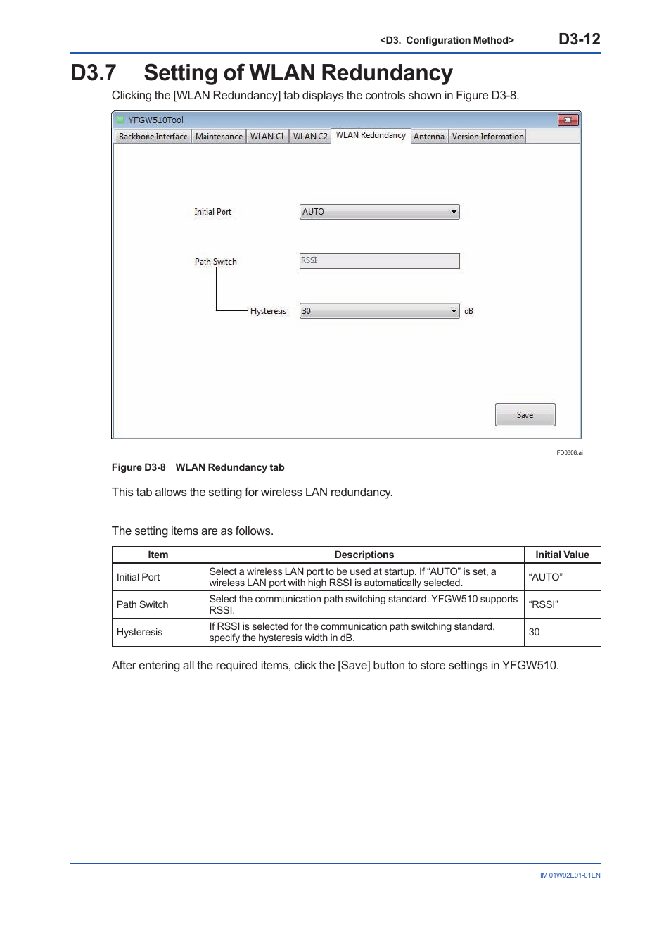 D3.7 setting of wlan redundancy, D3.7, D3-12 | Yokogawa YFGW510 User Manual | Page 70 / 89