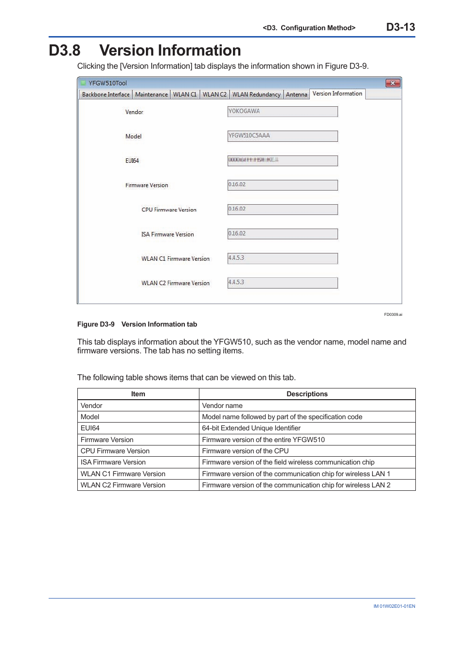 D3.8 version information, D3.8, D3-13 | Yokogawa YFGW510 User Manual | Page 71 / 89