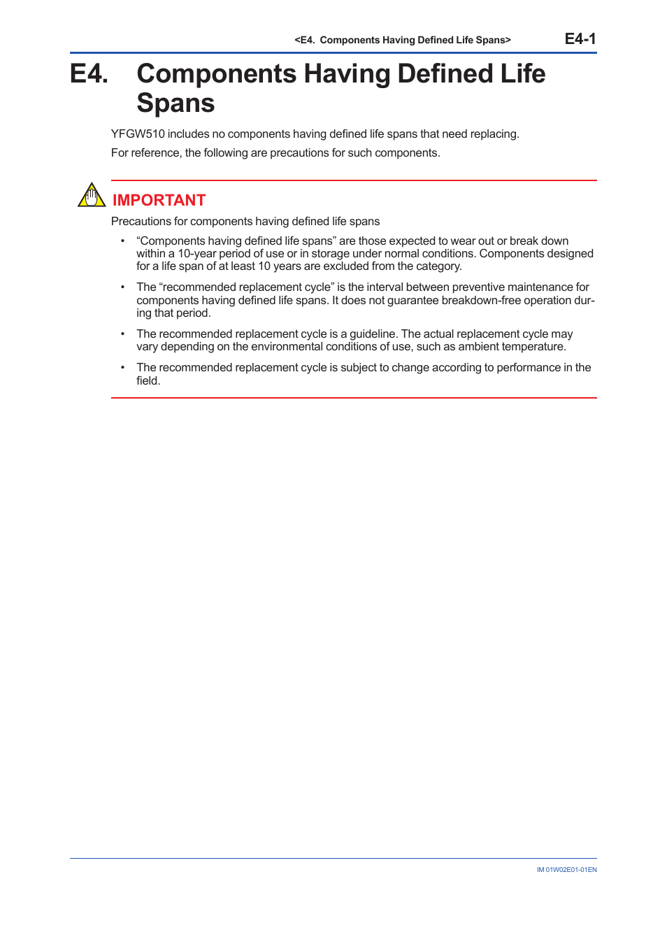E4. components having defined life spans, E4-1, Important | Yokogawa YFGW510 User Manual | Page 75 / 89