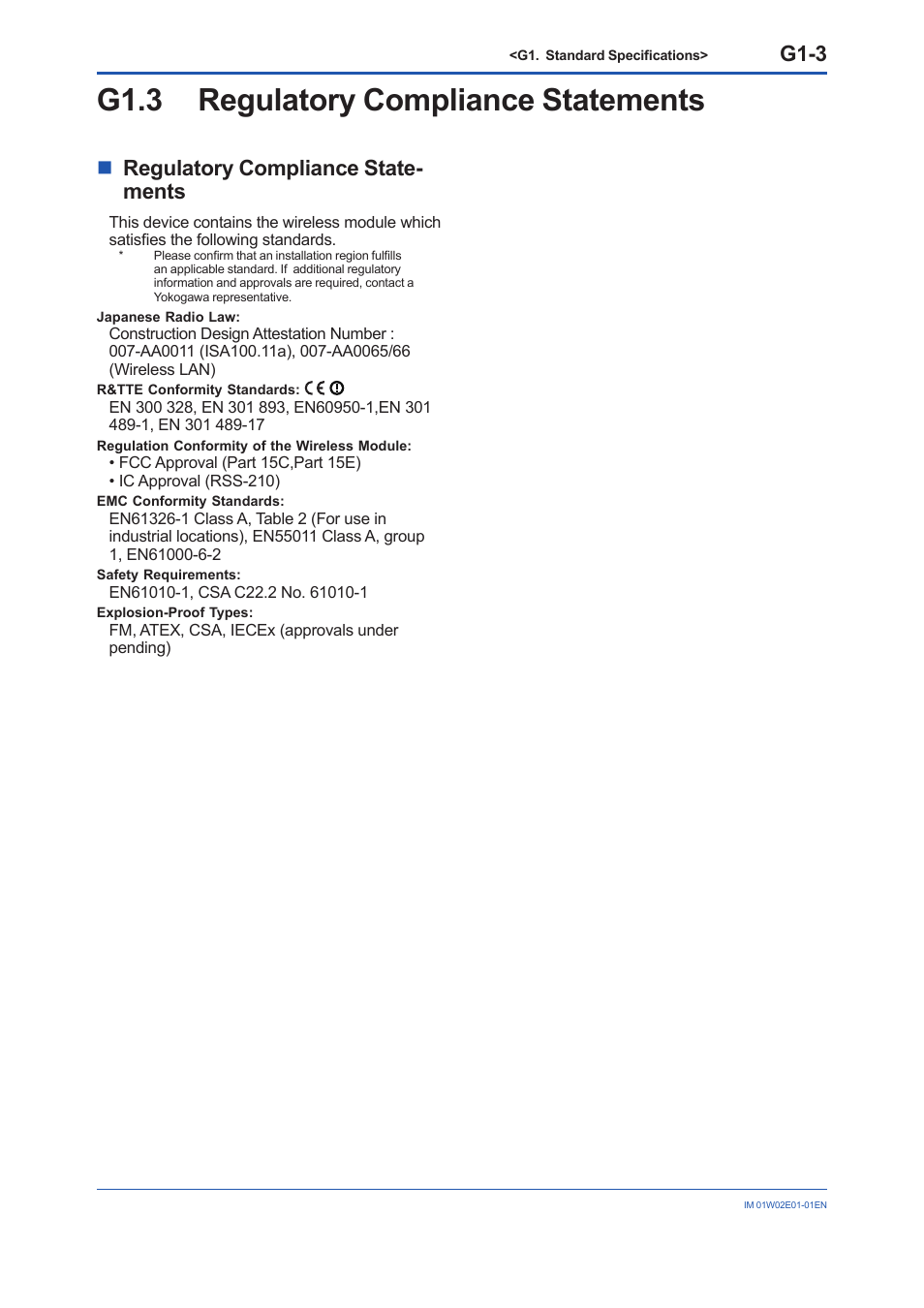 G1.3 regulatory compliance statements, G1.3, G1-3 | Nregulatory compliance state- ments | Yokogawa YFGW510 User Manual | Page 81 / 89
