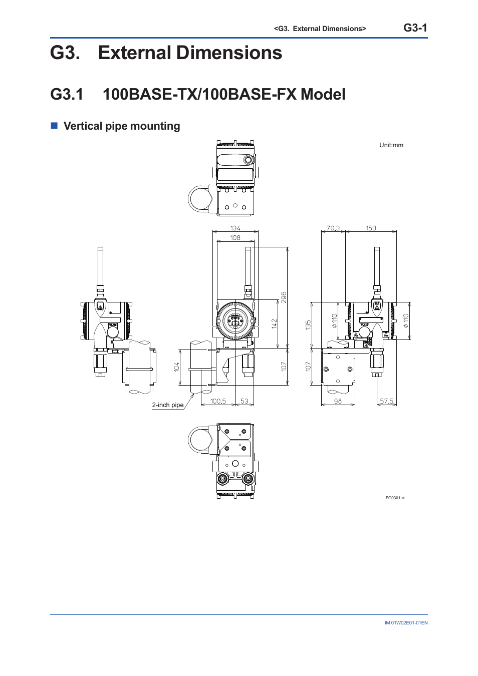 G3. external dimensions, G3.1 100base-tx/100base-fx model, G3.1 | G3-1, Nvertical pipe mounting | Yokogawa YFGW510 User Manual | Page 84 / 89