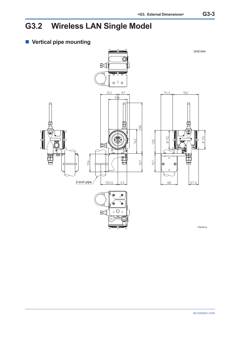 G3.2 wireless lan single model, G3.2, G3-3 | Nvertical pipe mounting | Yokogawa YFGW510 User Manual | Page 86 / 89