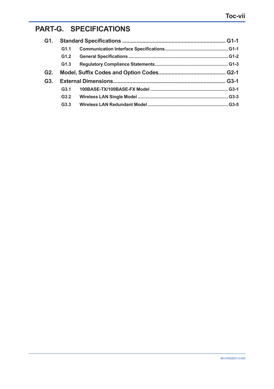 Part-g. specifications, Toc-vii | Yokogawa YFGW510 User Manual | Page 9 / 89