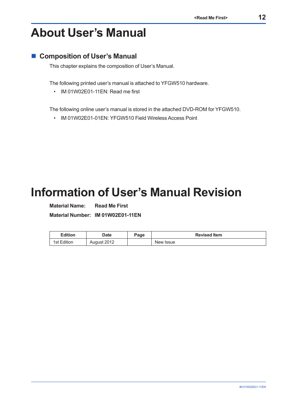 About user’s manual, Information of user’s manual revision, Ncomposition of user’s manual | Yokogawa YFGW510 User Manual | Page 12 / 16