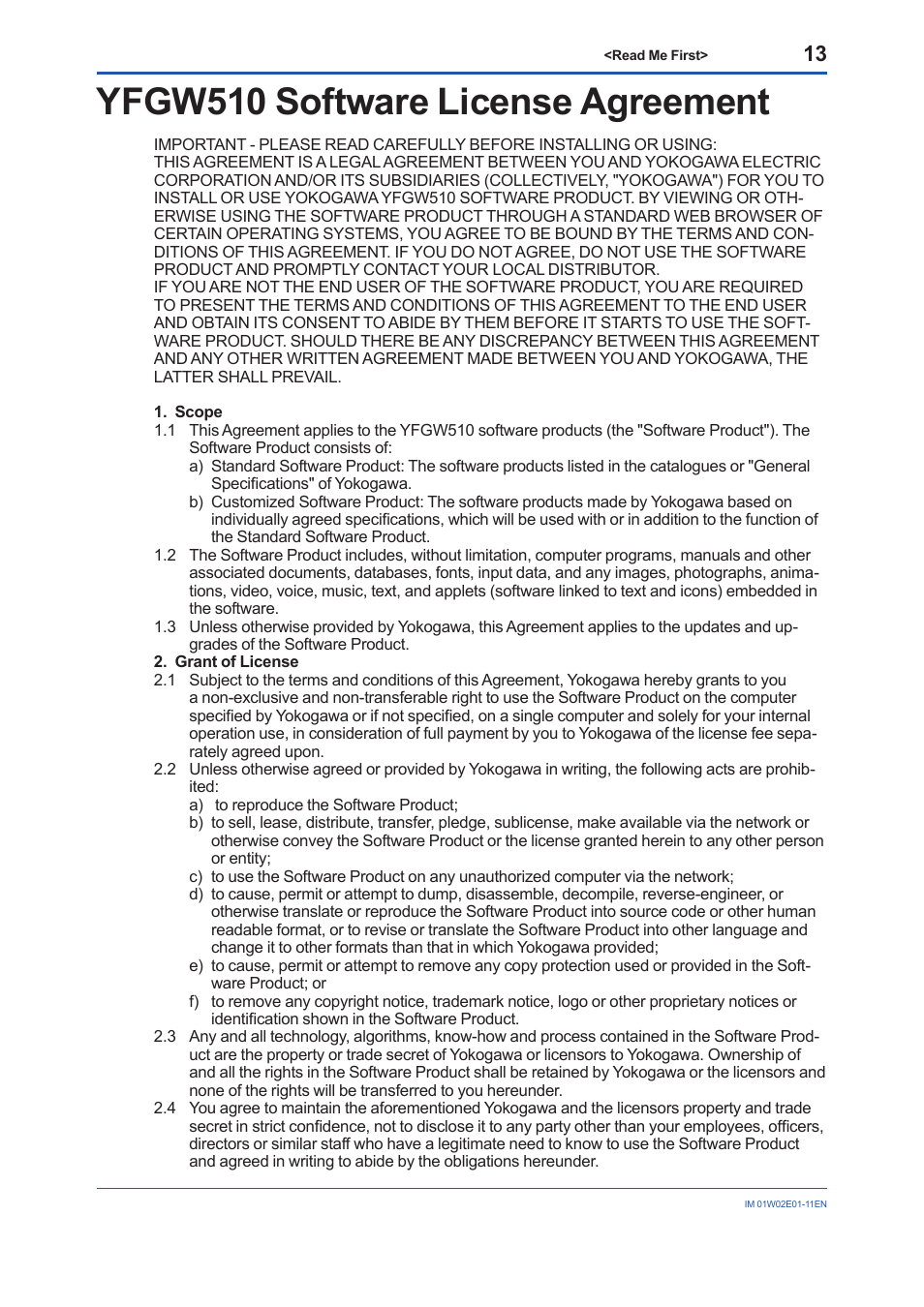 Yfgw510 software license agreement | Yokogawa YFGW510 User Manual | Page 13 / 16