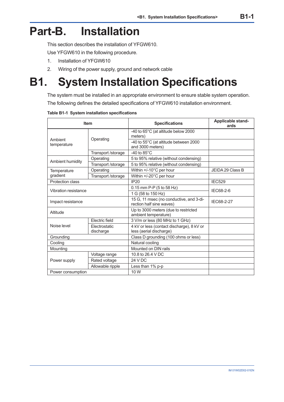 Part-b. installation, B1. system installation specifications, B1-1 | Yokogawa YFGW610 User Manual | Page 20 / 45