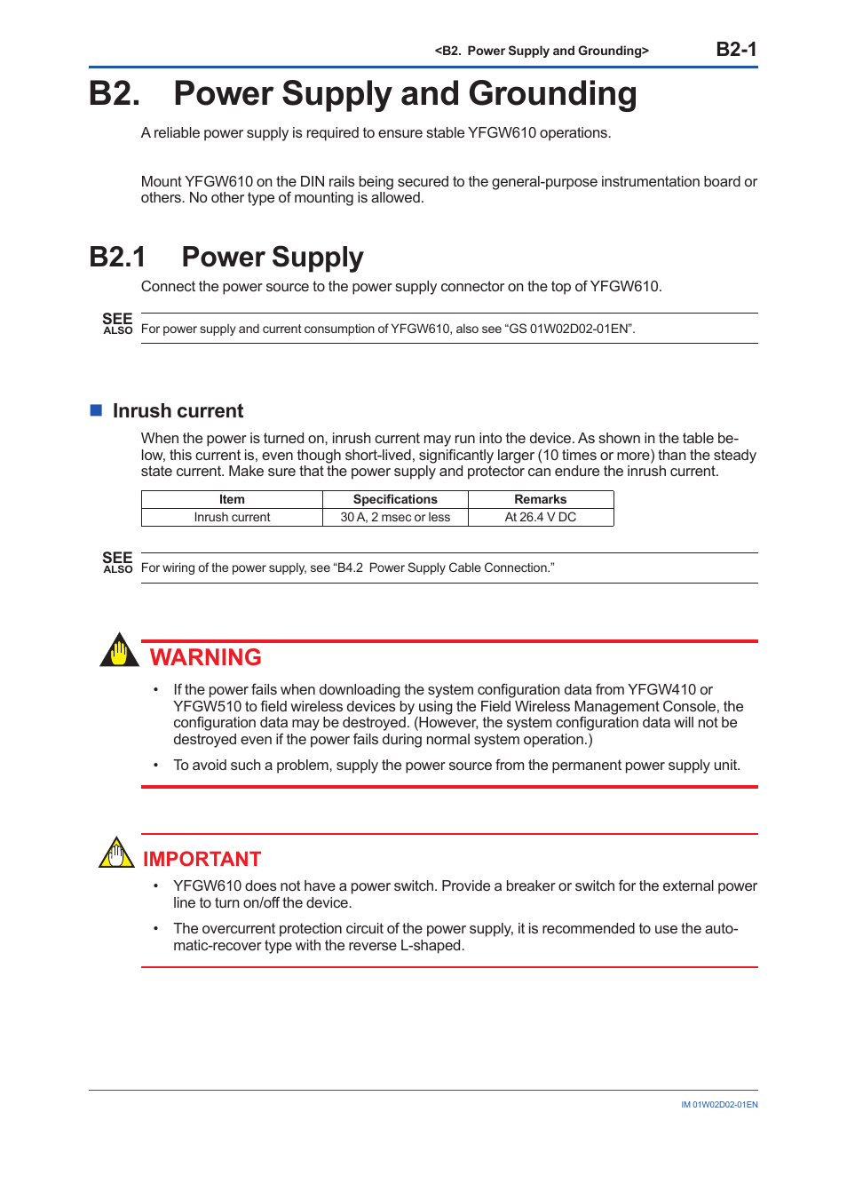 B2. power supply and grounding, B2.1 power supply, B2.1 | Warning, B2-1, Ninrush current, Important | Yokogawa YFGW610 User Manual | Page 22 / 45