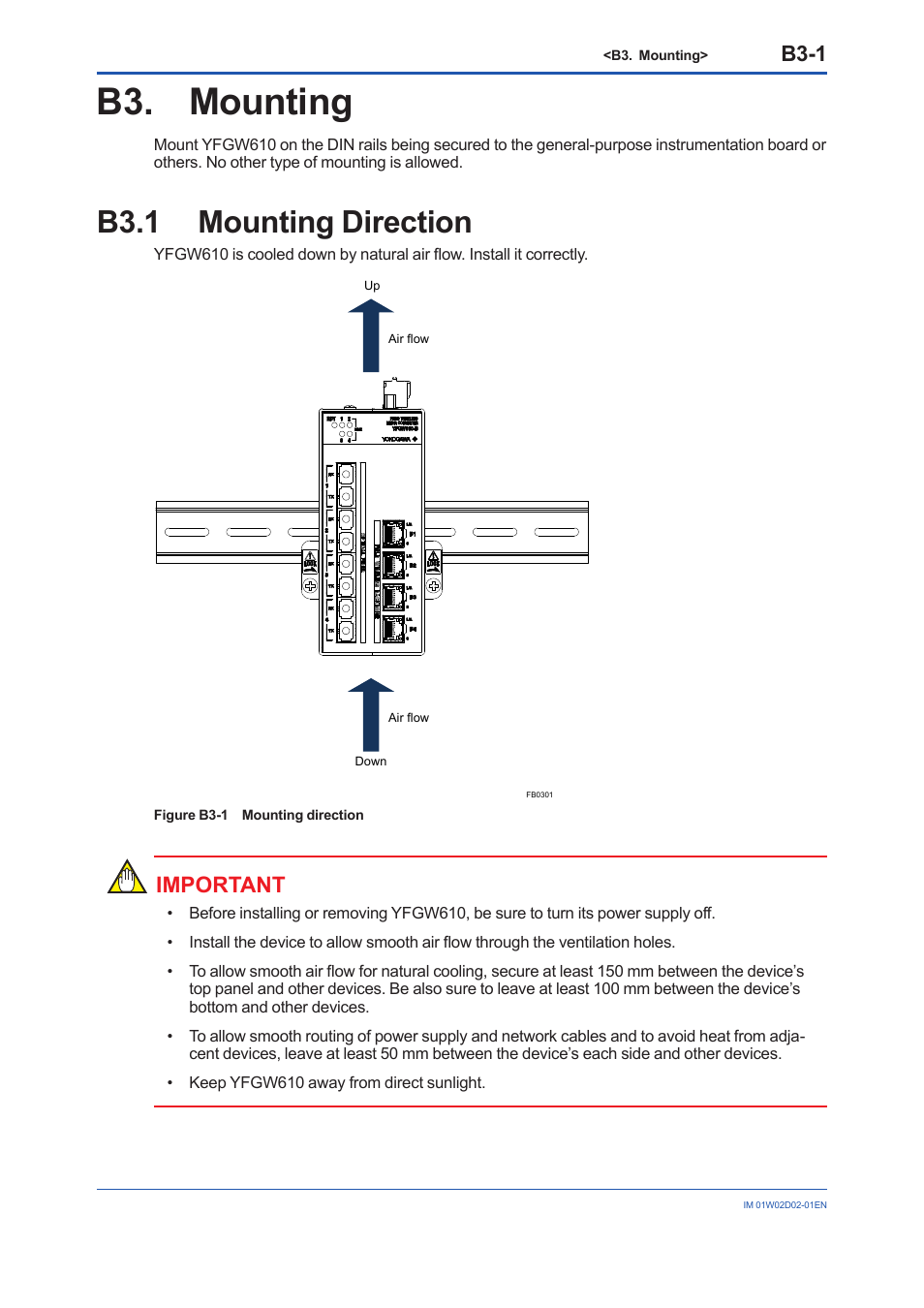 B3. mounting, B3.1 mounting direction, B3.1 | B3-1, Important | Yokogawa YFGW610 User Manual | Page 24 / 45