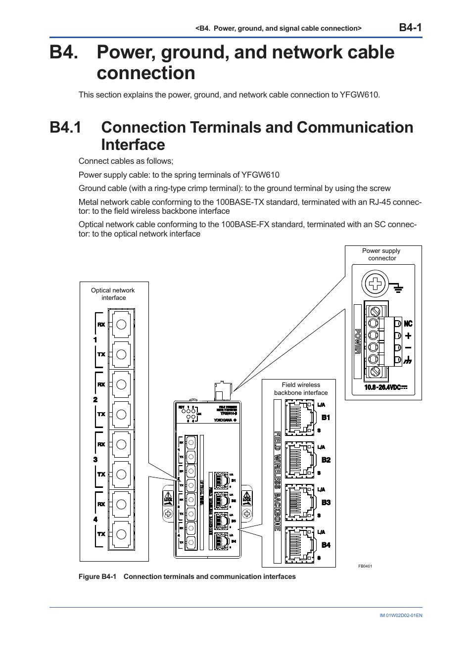 B4. power, ground, and network cable connection, B4.1, B4-1 | Yokogawa YFGW610 User Manual | Page 27 / 45