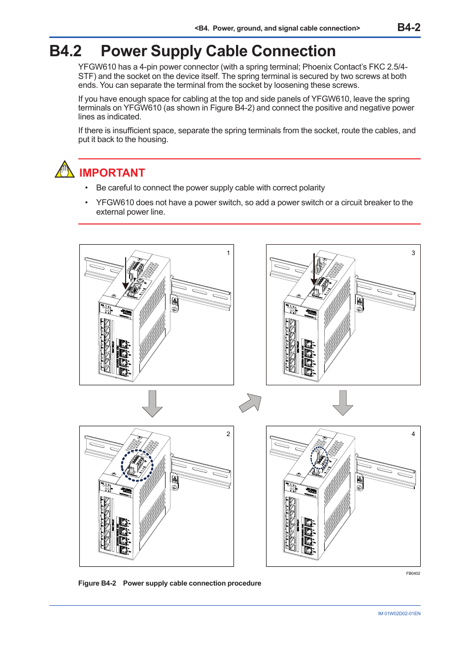 B4.2 power supply cable connection, B4.2, B4-2 | Important | Yokogawa YFGW610 User Manual | Page 28 / 45