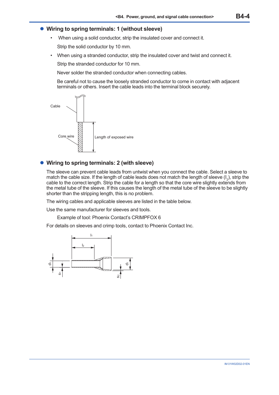 B4-4, Lwiring to spring terminals: 1 (without sleeve), Lwiring to spring terminals: 2 (with sleeve) | Yokogawa YFGW610 User Manual | Page 30 / 45