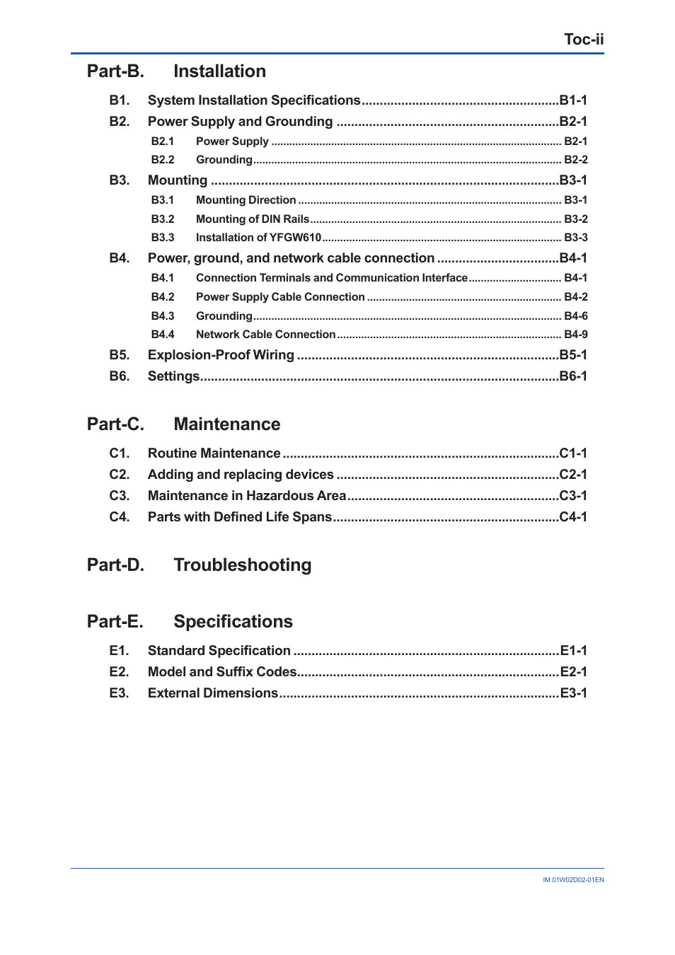 Part-b. installation, Part-c. maintenance, Part-d. troubleshooting part-e. specifications | Toc-ii | Yokogawa YFGW610 User Manual | Page 4 / 45