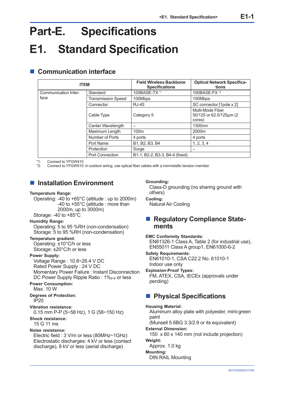 Part-e. specifications, E1. standard specification, Part-e. specifications e1. standard specification | E1-1, Ncommunication interface, Ninstallation environment, Nregulatory compliance state- ments, Nphysical specifications | Yokogawa YFGW610 User Manual | Page 43 / 45