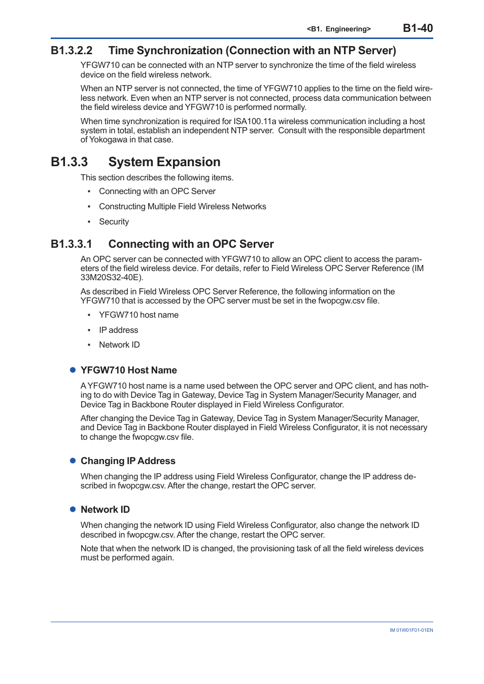 B1.3.3 system expansion, B1.3.3.1 connecting with an opc server, B1.3.2.2 time synchronization | B1.3.3, B1-40 | Yokogawa YFGW710 User Manual | Page 104 / 194