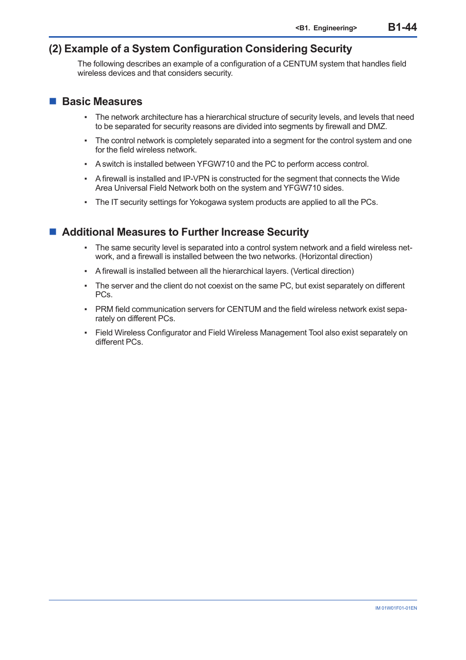 B1-44, Nbasic measures, Nadditional measures to further increase security | Yokogawa YFGW710 User Manual | Page 108 / 194