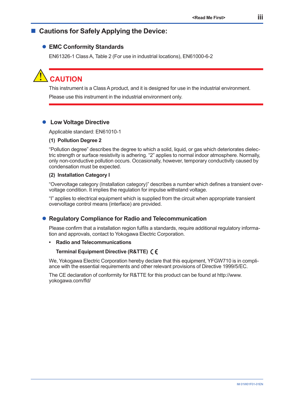 Caution, Ncautions for safely applying the device | Yokogawa YFGW710 User Manual | Page 11 / 194