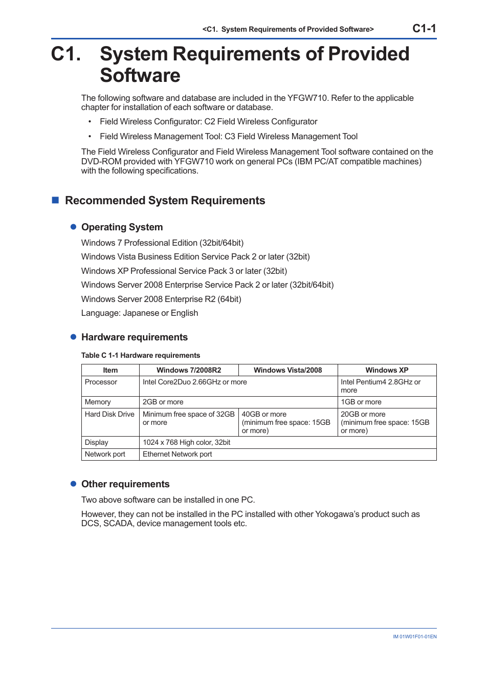 C1. system requirements of provided software, C1-1, Nrecommended system requirements | Yokogawa YFGW710 User Manual | Page 115 / 194