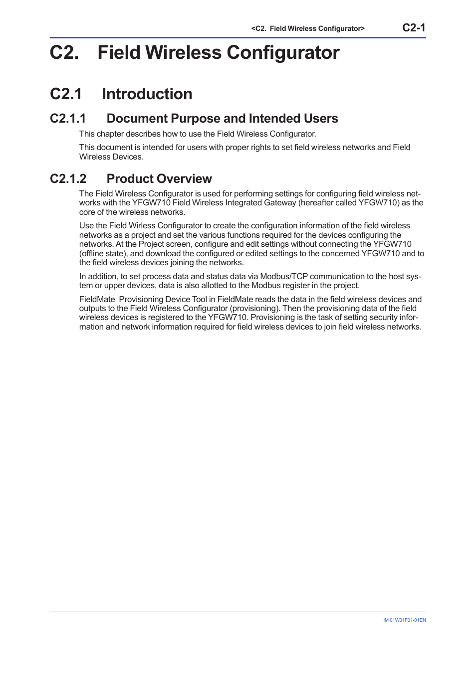 C2. field wireless configurator, C2.1 introduction, C2.1.1 document purpose and intended users | C2.1.2 product overview, C2.1, C2.1.2, C2-1 | Yokogawa YFGW710 User Manual | Page 122 / 194