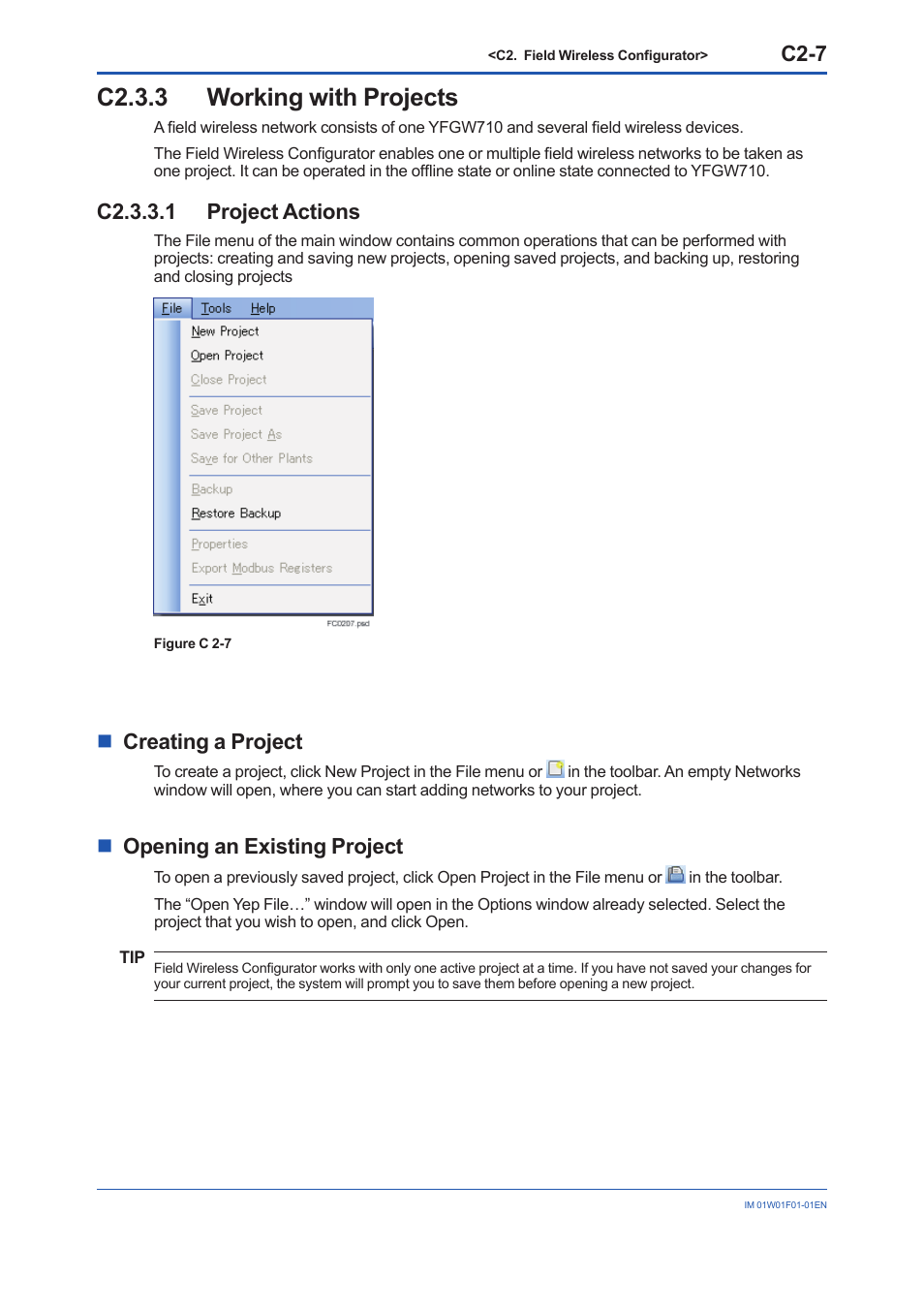 C2.3.3 working with projects, C2.3.3.1 project actions, C2.3.3 | C2-7, Ncreating a project, Nopening an existing project | Yokogawa YFGW710 User Manual | Page 128 / 194