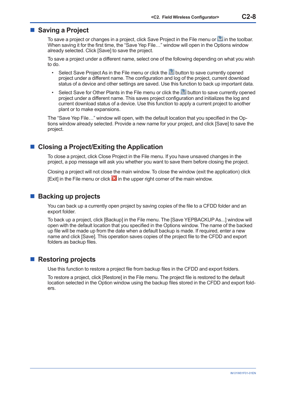 C2-8, Nsaving a project, Nclosing a project/exiting the application | Nbacking up projects, Nrestoring projects | Yokogawa YFGW710 User Manual | Page 129 / 194
