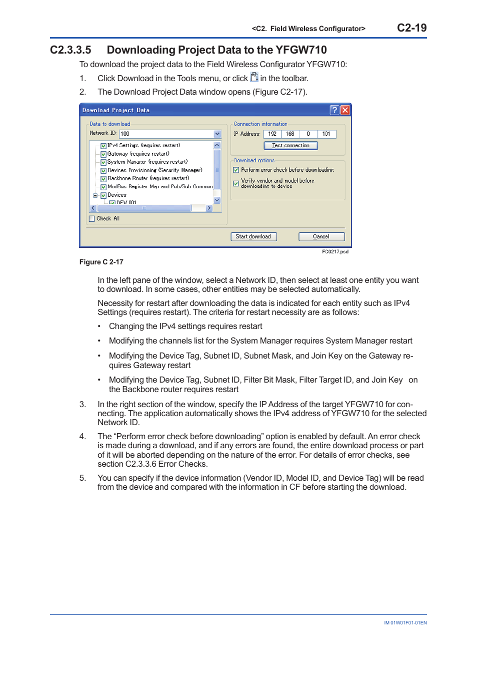 C2.3.3.5 downloading project data to the yfgw710, C2-19 | Yokogawa YFGW710 User Manual | Page 140 / 194