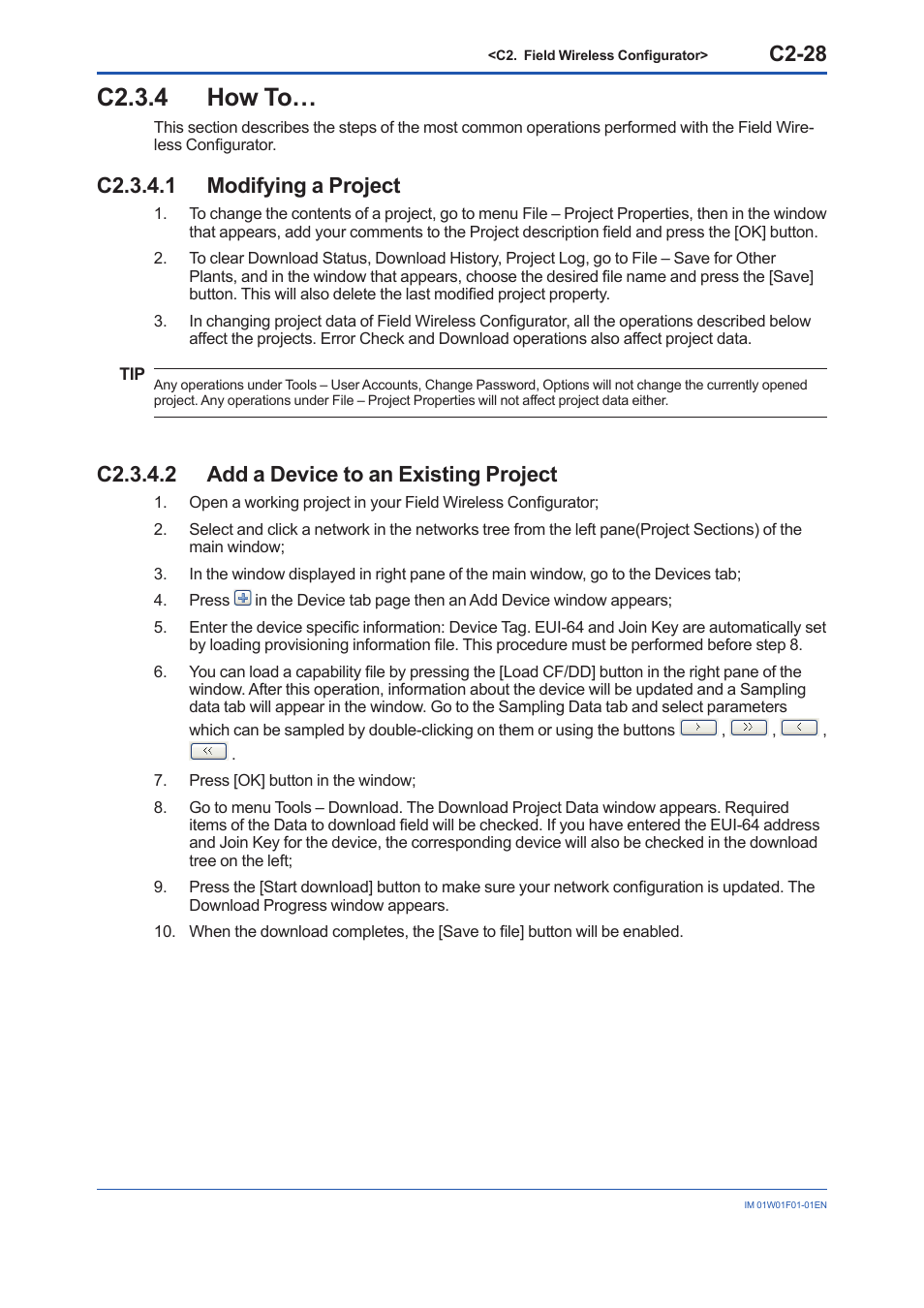 C2.3.4 how to, C2.3.4.1 modifying a project, C2.3.4.2 add a device to an existing project | C2.3.4, C2-28 | Yokogawa YFGW710 User Manual | Page 149 / 194